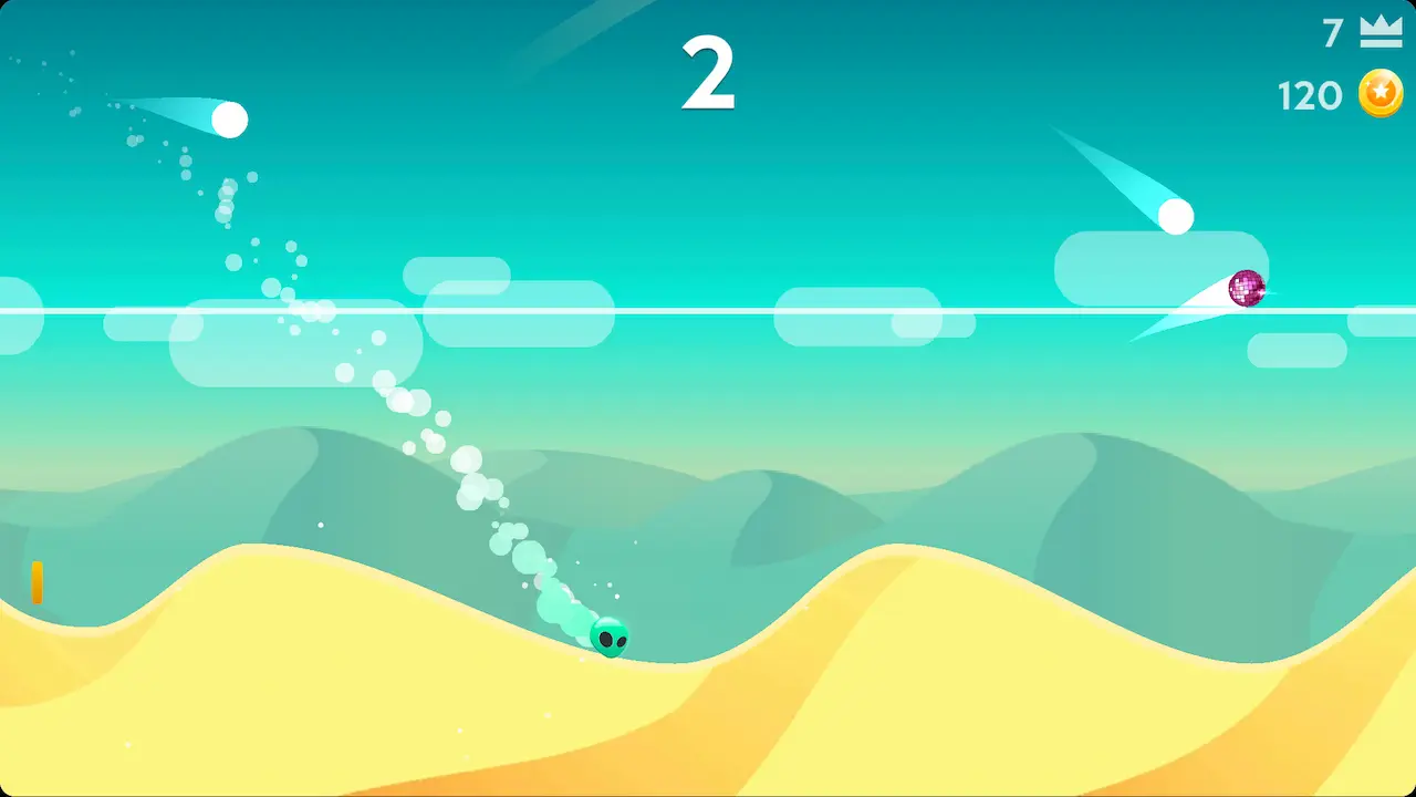 Curve Rush gameplay — ball launching off a dune toward the white skyline