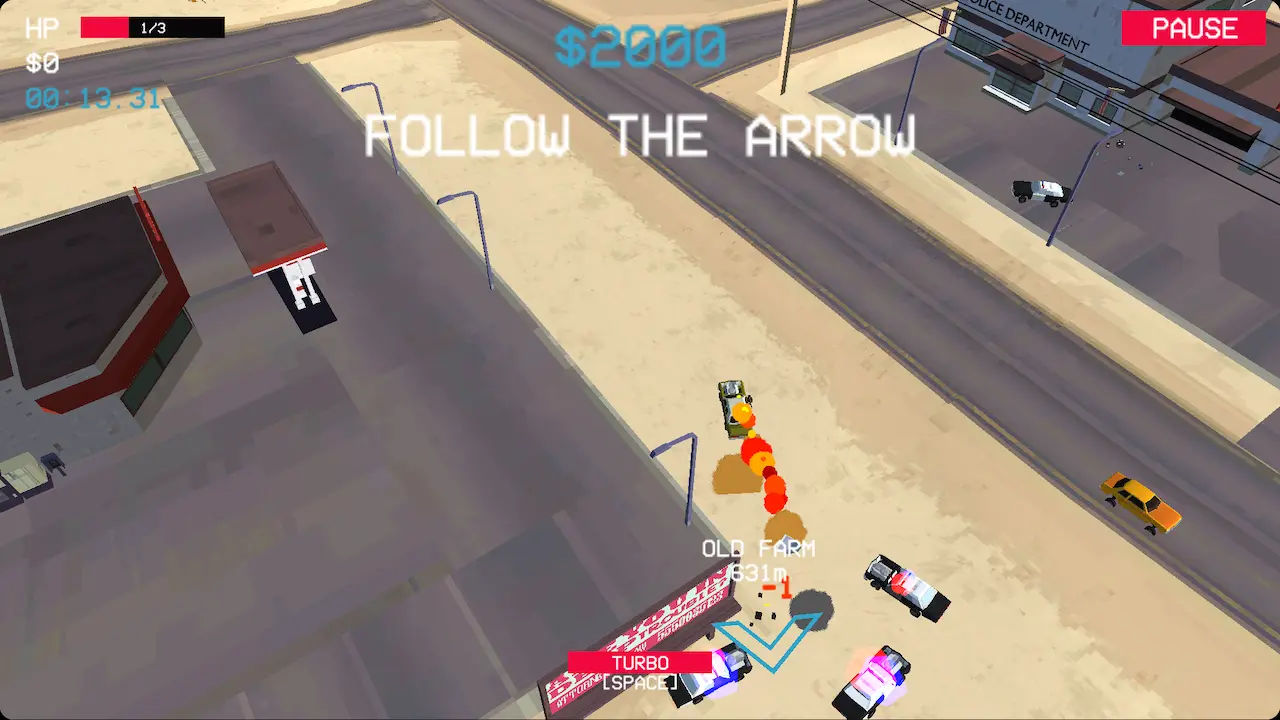 Fury Chase gameplay — top-down getaway car weaving through city traffic with police in pursuit