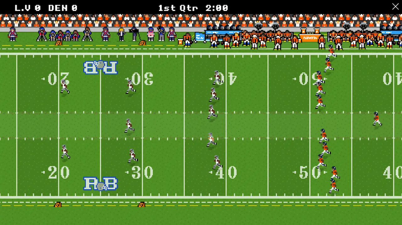 Retro Bowl gameplay — calling a play from the line of scrimmage